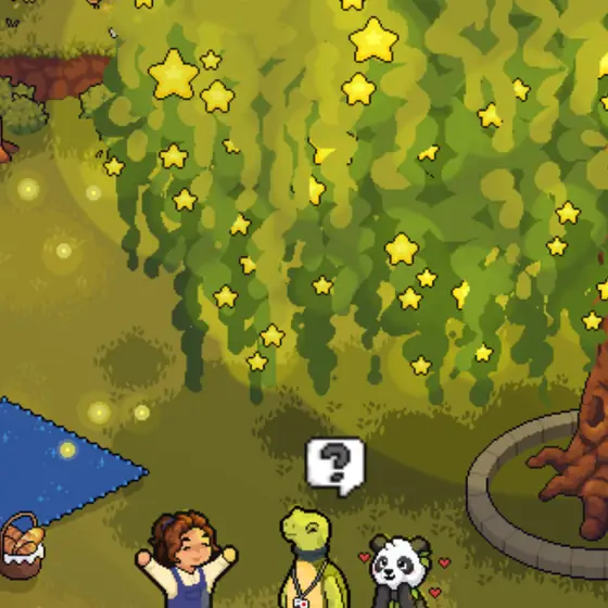 Clareira do Forest Fables com uma árvore coberta de estrelas e personagens reunidas