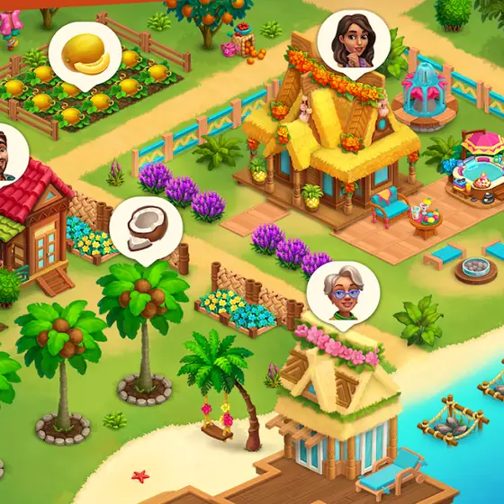 Aldeia de ilha do jogo The Farmers: Grace's Island com casas de colmo, hortas e palmeiras