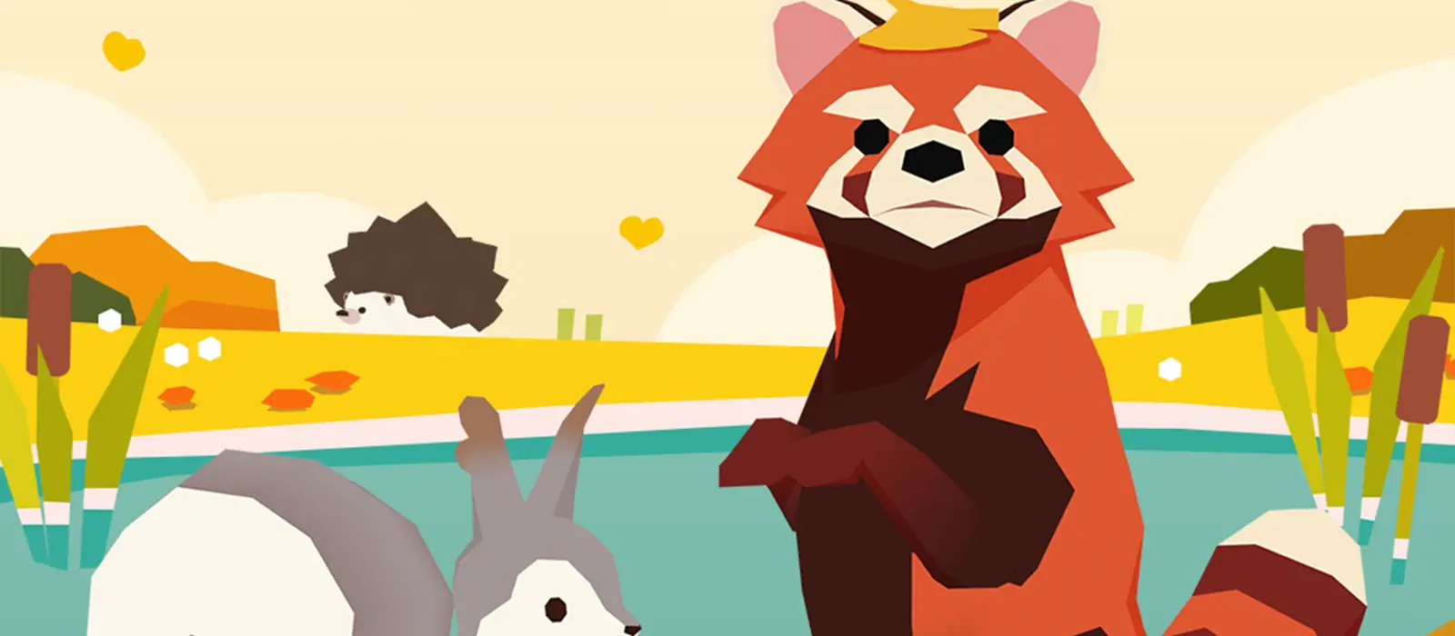 Cena de outono do jogo Forest Island: um panda-vermelho junto à margem, com ouriço e esquilo entre folhas