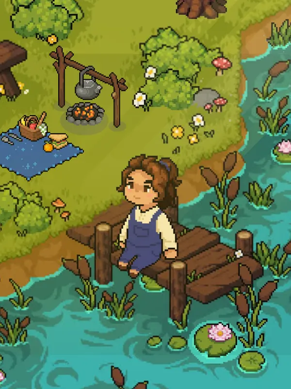 Cena em pixel art do Forest Fables com uma personagem a pescar num ribeiro da floresta