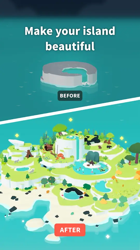 Comparação da ilha do Forest Island antes e depois de recuperada