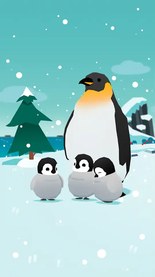 Pinguim adulto e crias na zona de neve do Forest Island
