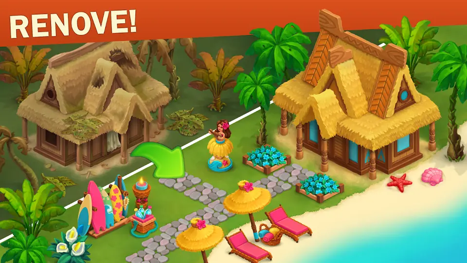 Cabanas de colmo e caminhos de areia numa praia do jogo The Farmers: Grace's Island