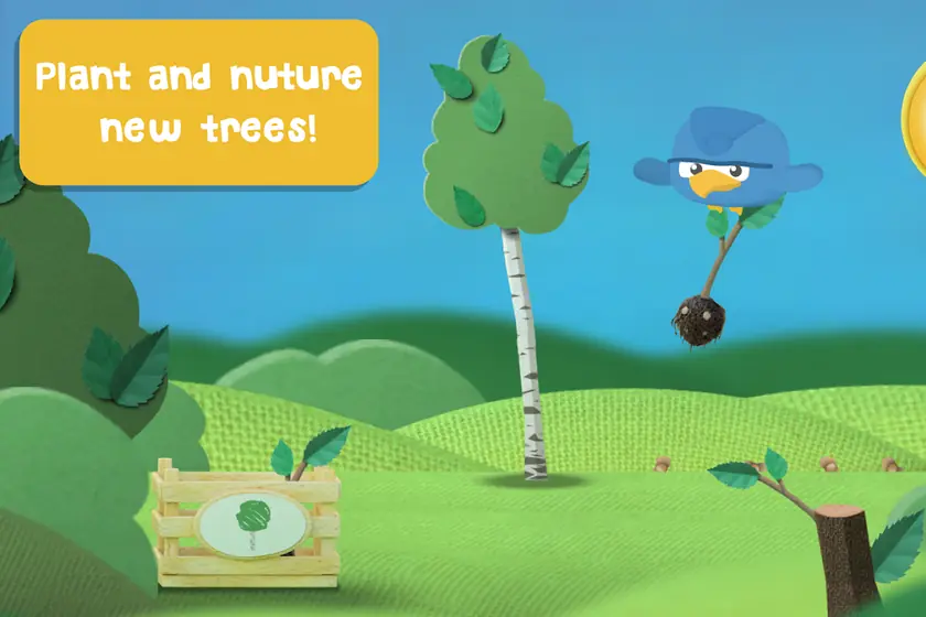 Colina verde do Grow Forest com uma ave a transportar uma árvore nova para plantar