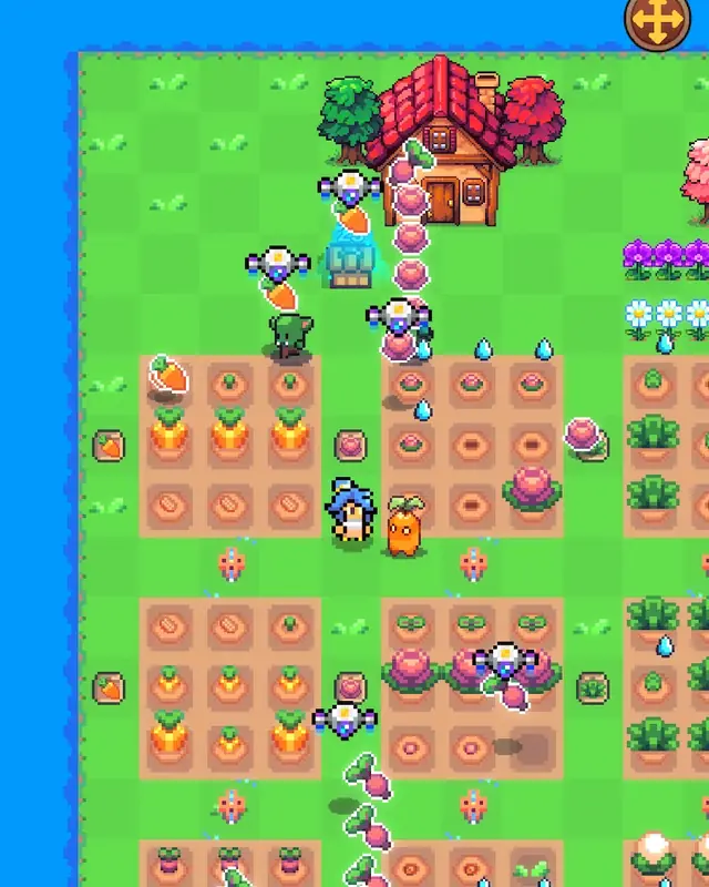 Campos cultivados e casa de telhado vermelho no jogo em pixel art Island Times