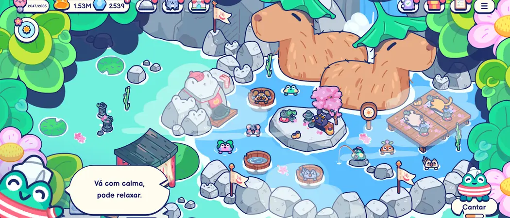 Lagoa do jogo Pond Pals com sapos visitantes, capivaras e pequenas ilhas decoradas